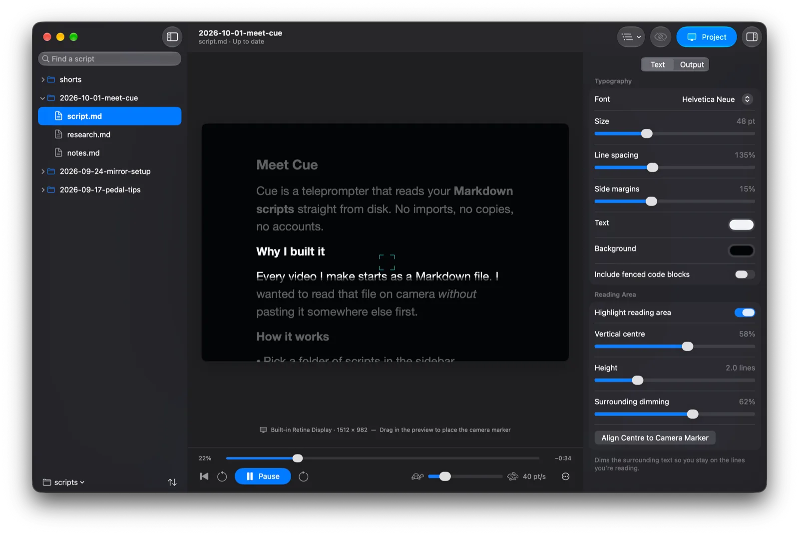 Cue on macOS: a sidebar of Markdown scripts, a live prompter preview with a highlighted reading area and camera marker, and the Text inspector.