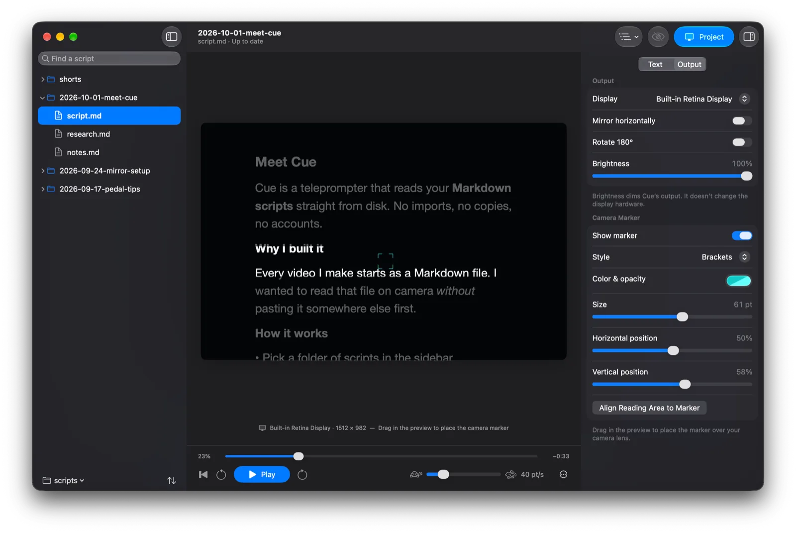 Cue’s Output inspector with display selection, mirror and rotate toggles, brightness and camera marker settings.