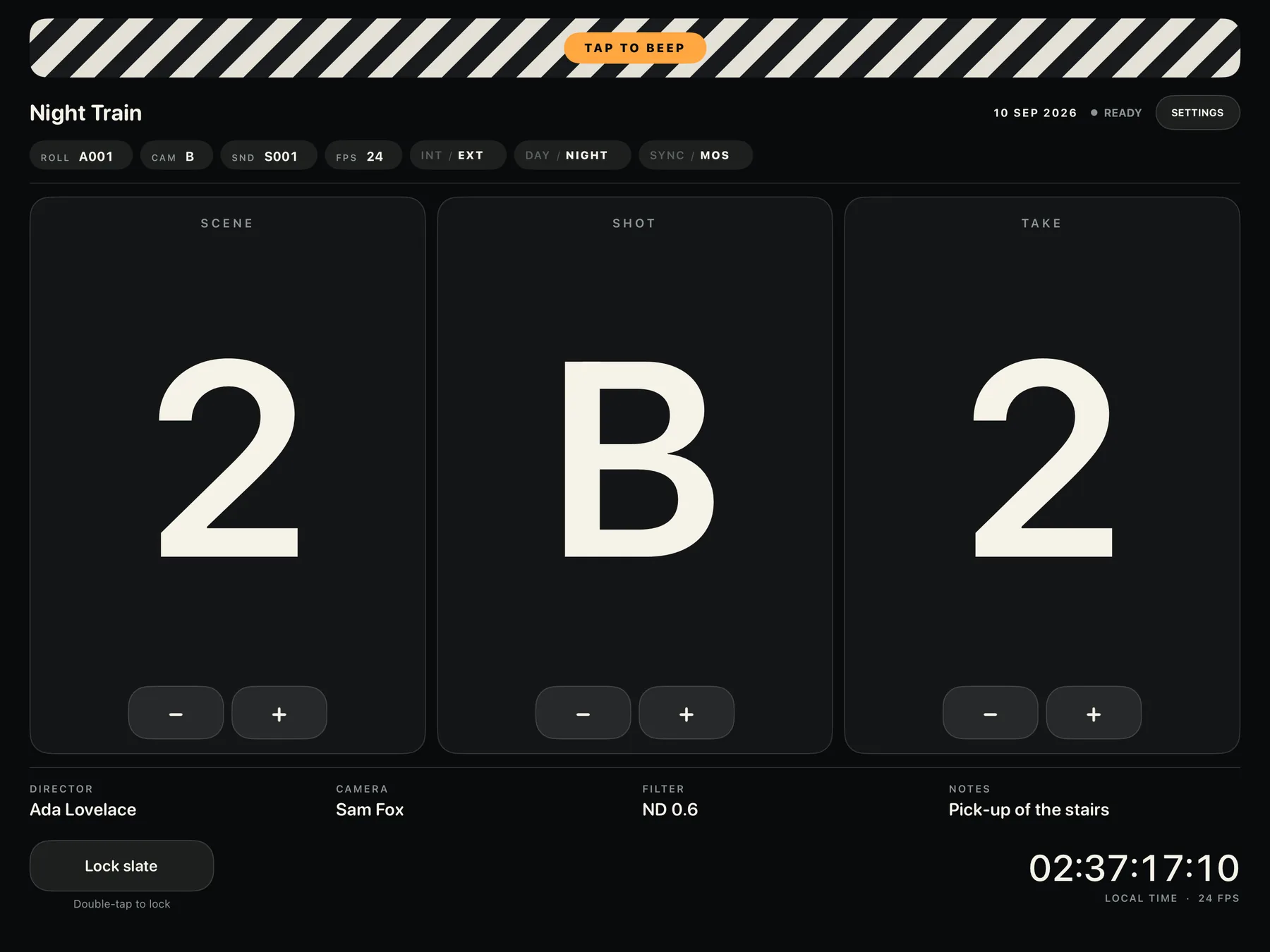 Slate on iPad in landscape: Scene 2, Shot B, Take 2 for the production Night Train, with director, camera, filter and notes below and a running clock.