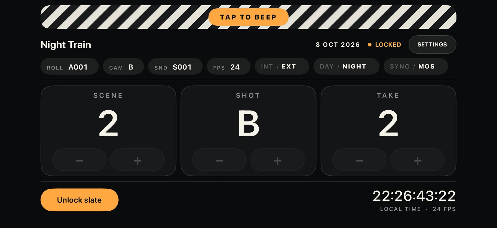 Slate locked on iPhone: the counters are dimmed, the status reads Locked and an amber Unlock slate button is shown.