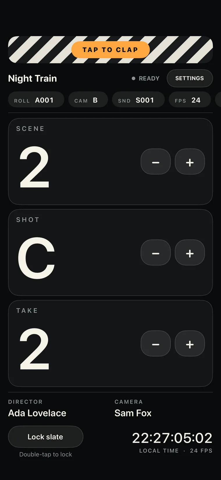 Slate on iPhone in portrait, with stacked Scene, Shot and Take counters, director and camera names, and the clock.