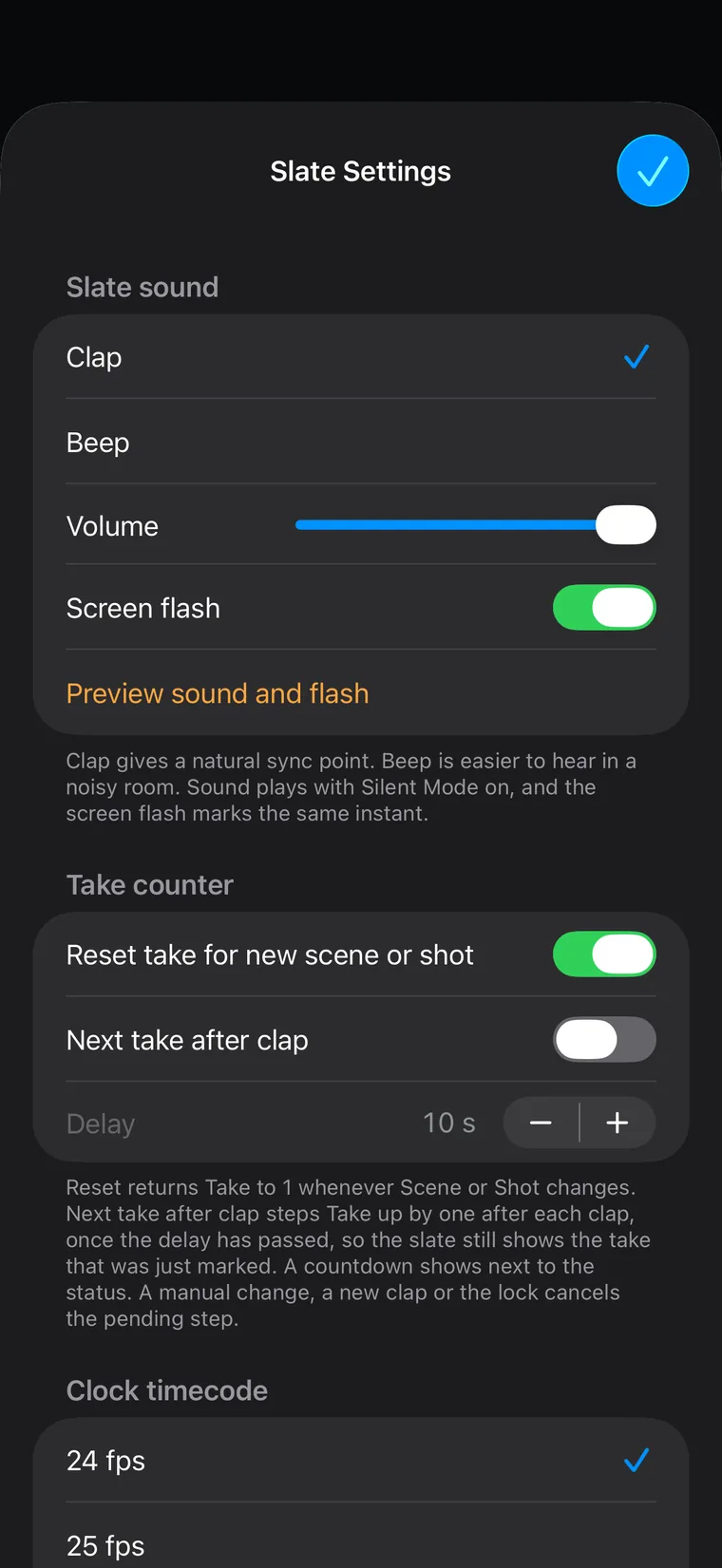 Slate Settings on iPhone: clap or beep, volume, screen flash, take counter automation and clock frame rate.